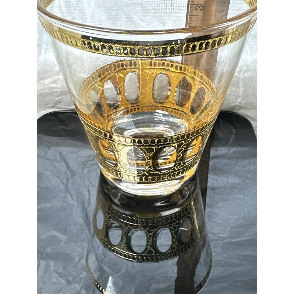 Culver LTD 22K Gold Roman Arch Lowball Glass 4” Mid Century Barware Heavy Base
